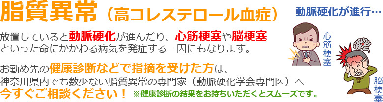 脂質異常(高コレステロール血症) 放置していると動脈硬化が進んだり、心筋梗塞や脳梗塞といった命にかかわる病気を発症する一因にもなります。お勤め先の健康診断などで指摘を受けた方は、神奈川県内でも数少ない脂質異常の専門家(動脈硬化学会専門医)へ今すぐご相談ください!